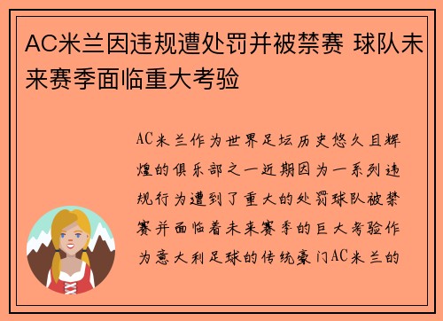 AC米兰因违规遭处罚并被禁赛 球队未来赛季面临重大考验