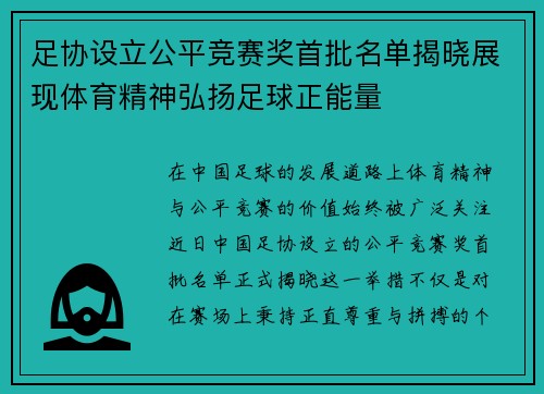 足协设立公平竞赛奖首批名单揭晓展现体育精神弘扬足球正能量